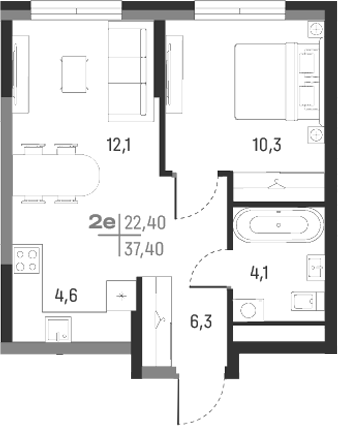 Планировка — А+, 2-комн., 37 м²