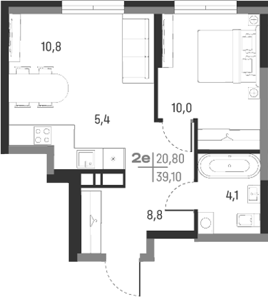 Планировка — А+, 2-комн., 39 м²