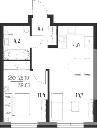 Планировка — А+, 2-комн., 39 м²