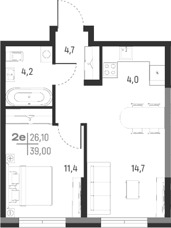 Планировка — А+, 2-комн., 39 м²