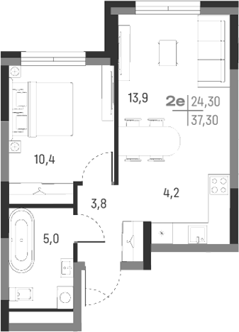 Планировка — А+, 2-комн., 37 м²