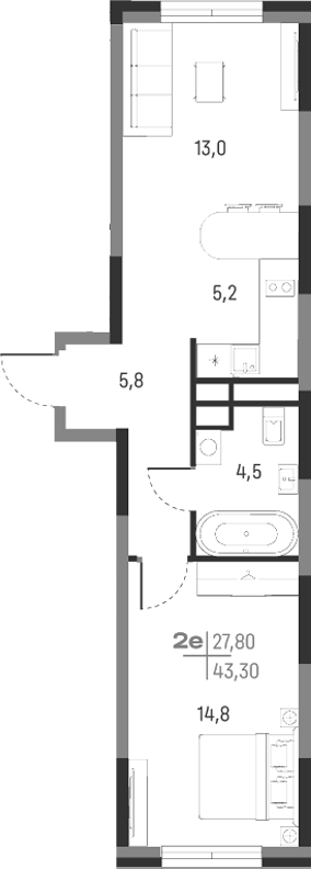 Планировка — А+, 2-комн., 43 м²