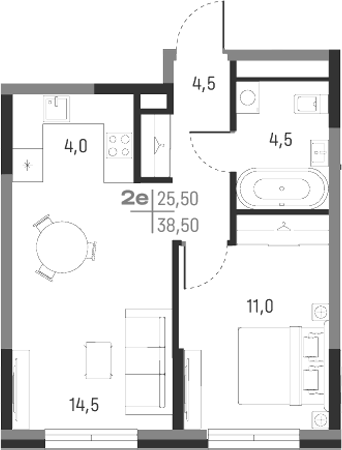 Планировка — А+, 2-комн., 39 м²