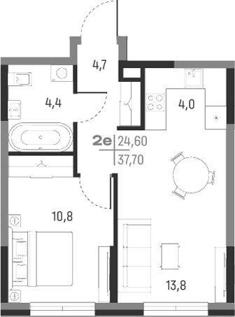 Планировка — А+, 2-комн., 38 м²