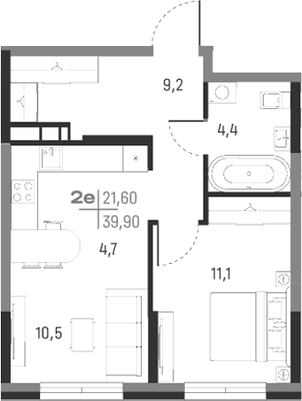 Планировка — А+, 2-комн., 40 м²