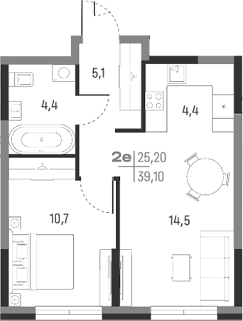 Планировка — А+, 2-комн., 39 м²