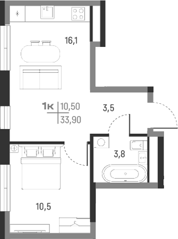Планировка — А+, 1-комн., 34 м²