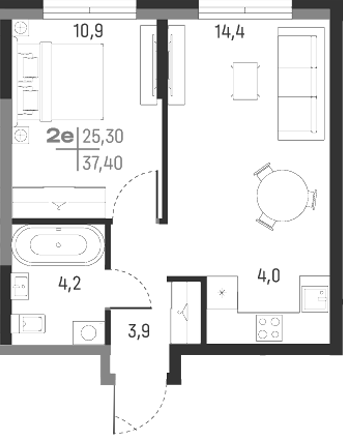 Планировка — А+, 2-комн., 37 м²