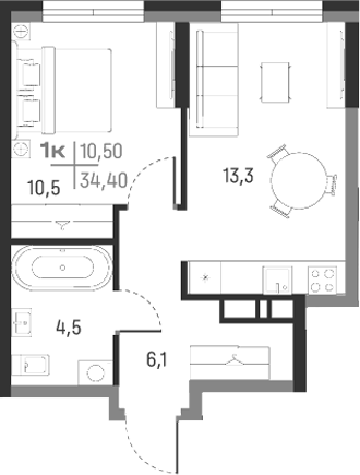 Планировка — А+, 1-комн., 34 м²