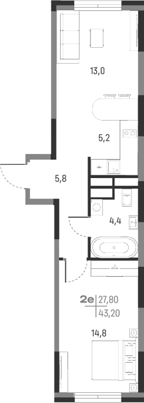Планировка — А+, 2-комн., 43 м²