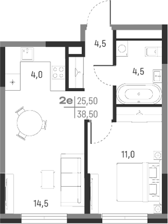 Планировка — А+, 2-комн., 39 м²