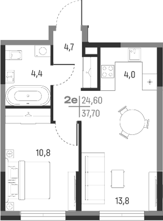 Планировка — А+, 2-комн., 38 м²
