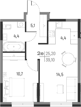 Планировка — А+, 2-комн., 39 м²