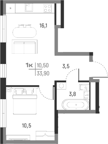 Планировка — А+, 1-комн., 34 м²