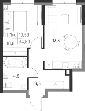 Планировка — А+, 1-комн., 35 м²