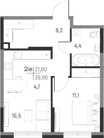 Планировка — А+, 2-комн., 40 м²