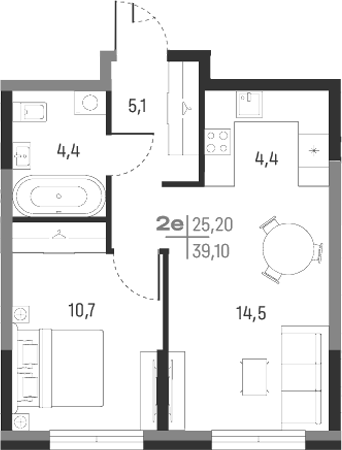 Планировка — А+, 2-комн., 39 м²