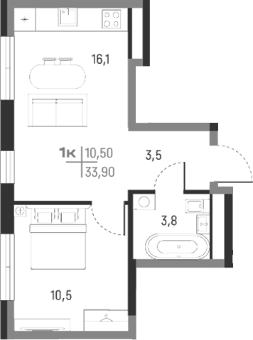Планировка — А+, 1-комн., 34 м²