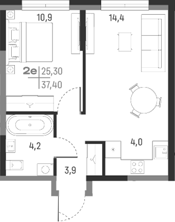 Планировка — А+, 2-комн., 37 м²