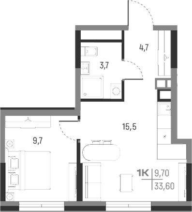 Планировка — А+, 1-комн., 34 м²