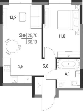 Планировка — А+, 2-комн., 38 м²