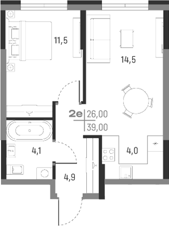 Планировка — А+, 2-комн., 39 м²