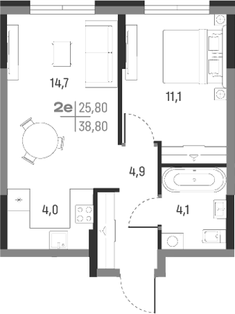 Планировка — А+, 2-комн., 39 м²