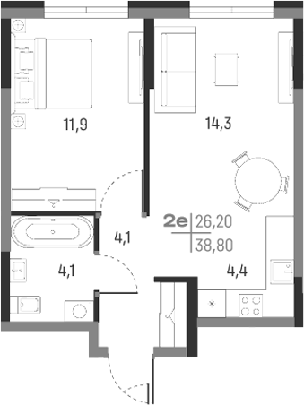 Планировка — А+, 2-комн., 39 м²