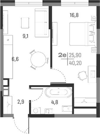 Планировка — А+, 2-комн., 40 м²
