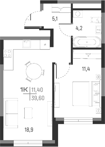Планировка — А+, 1-комн., 40 м²