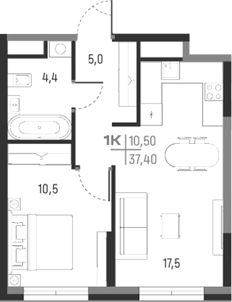 Планировка — А+, 1-комн., 37 м²