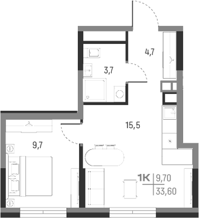 Планировка — А+, 1-комн., 34 м²
