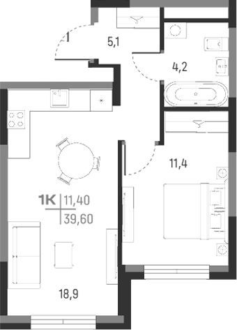 Планировка — А+, 1-комн., 40 м²