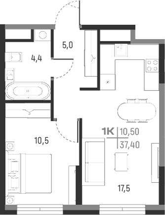 Планировка — А+, 1-комн., 37 м²