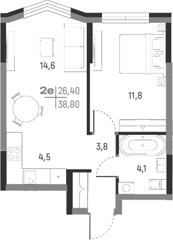 Планировка — А+, 2-комн., 39 м²
