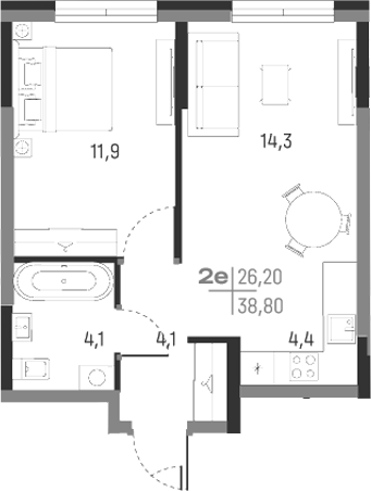 Планировка — А+, 2-комн., 39 м²