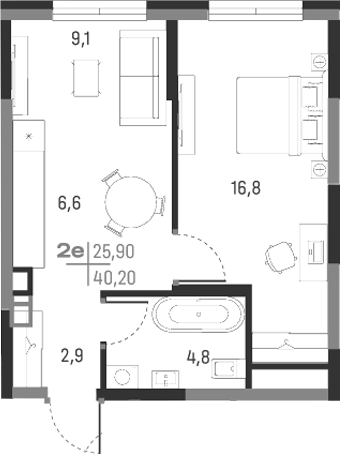 Планировка — А+, 2-комн., 40 м²