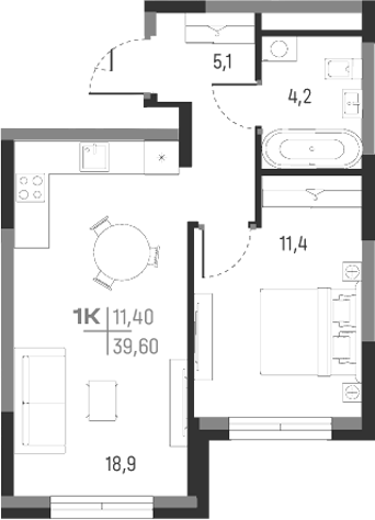 Планировка — А+, 1-комн., 40 м²