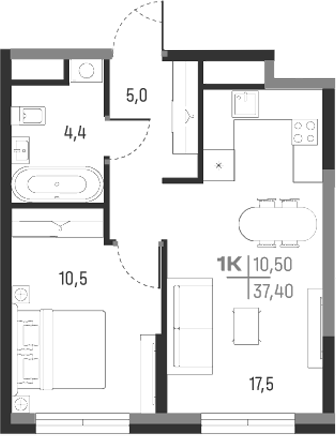 Планировка — А+, 1-комн., 37 м²