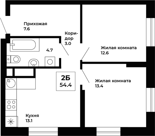 Планировка — Космос, 2-комн., 54 м²