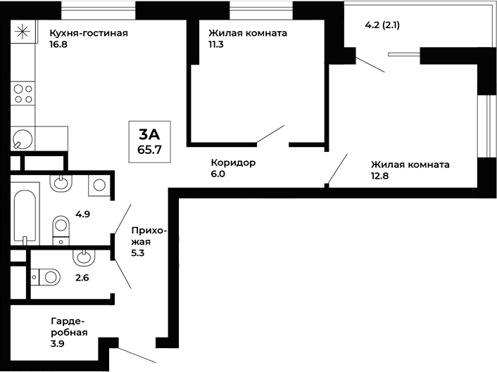 Планировка — Космос, 2-комн., 64 м²