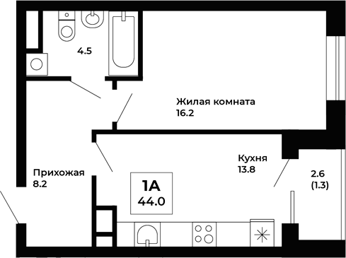 Планировка — Космос, 1-комн., 43 м²