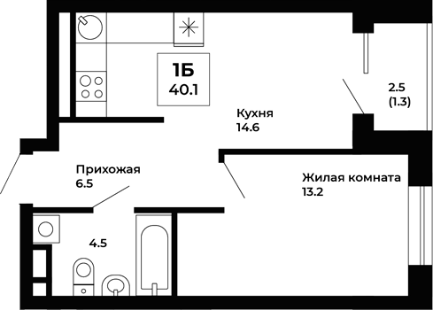Планировка — Космос, 1-комн., 39 м²