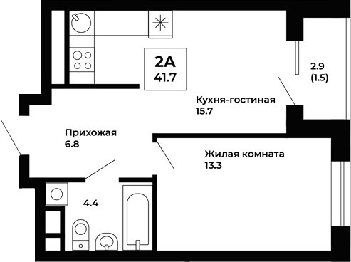 Планировка — Космос, 1-комн., 40 м²