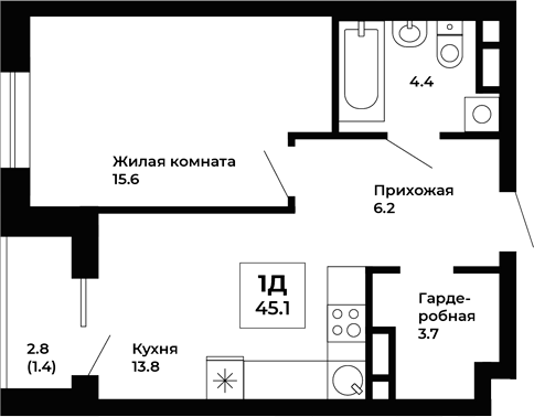 Планировка — Космос, 1-комн., 44 м²