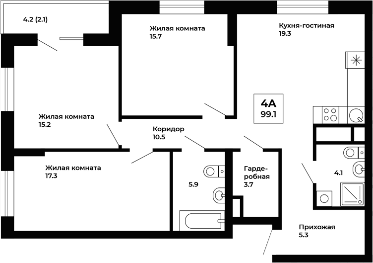 Планировка — Космос, 3-комн., 97 м²