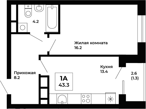 Планировка — Космос, 1-комн., 42 м²