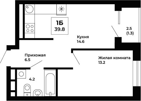 Планировка — Космос, 1-комн., 39 м²