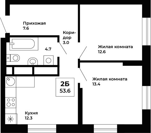 Планировка — Космос, 2-комн., 54 м²