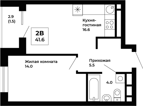 Планировка — Космос, 1-комн., 40 м²